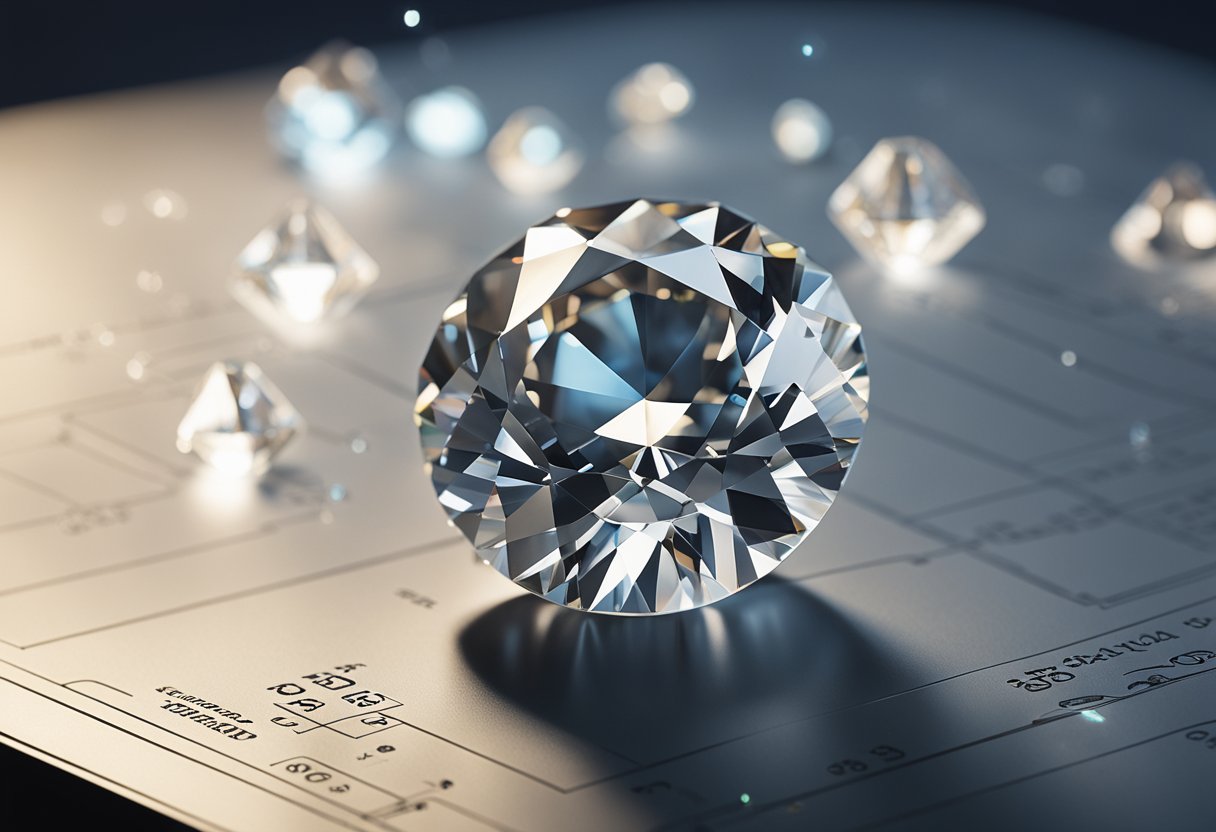 A sparkling lab-grown diamond sits on a pedestal, surrounded by glowing charts and graphs showing its potential value
