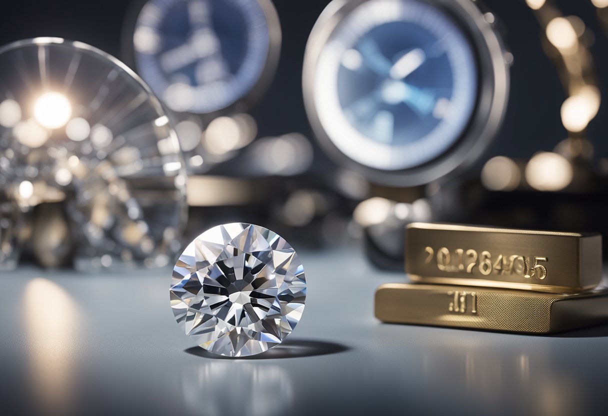 A lab-grown diamond displayed next to a price tag and a cost analysis report, surrounded by question marks and a scale symbolizing market value