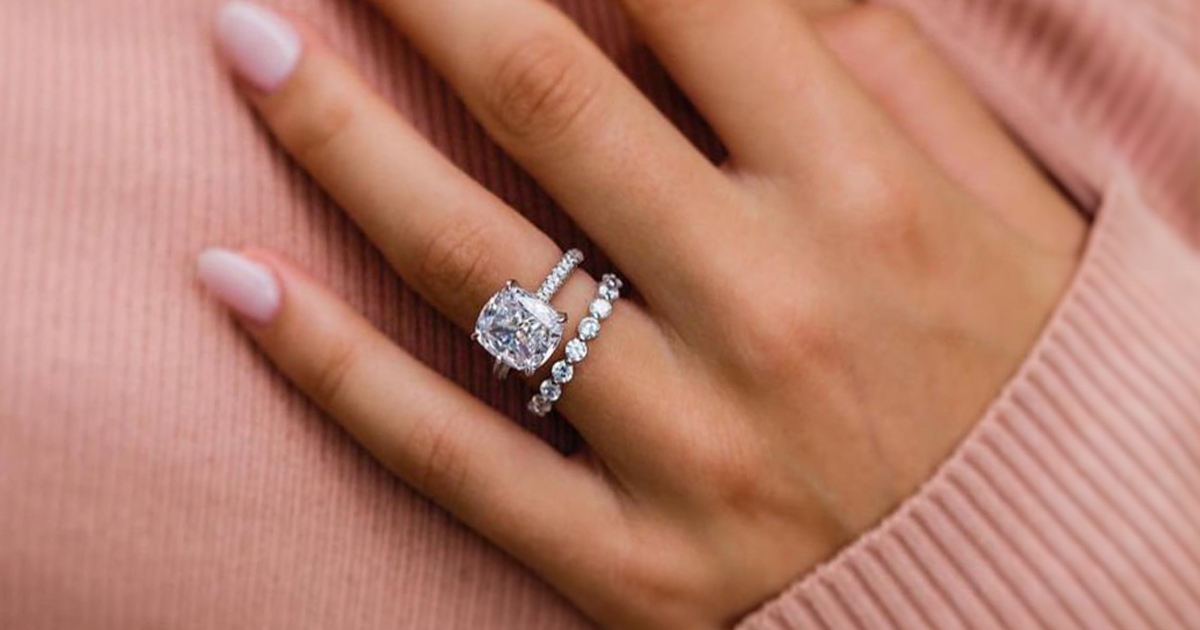 diamond engagement ring, cushion center stone, with diamond wedding band