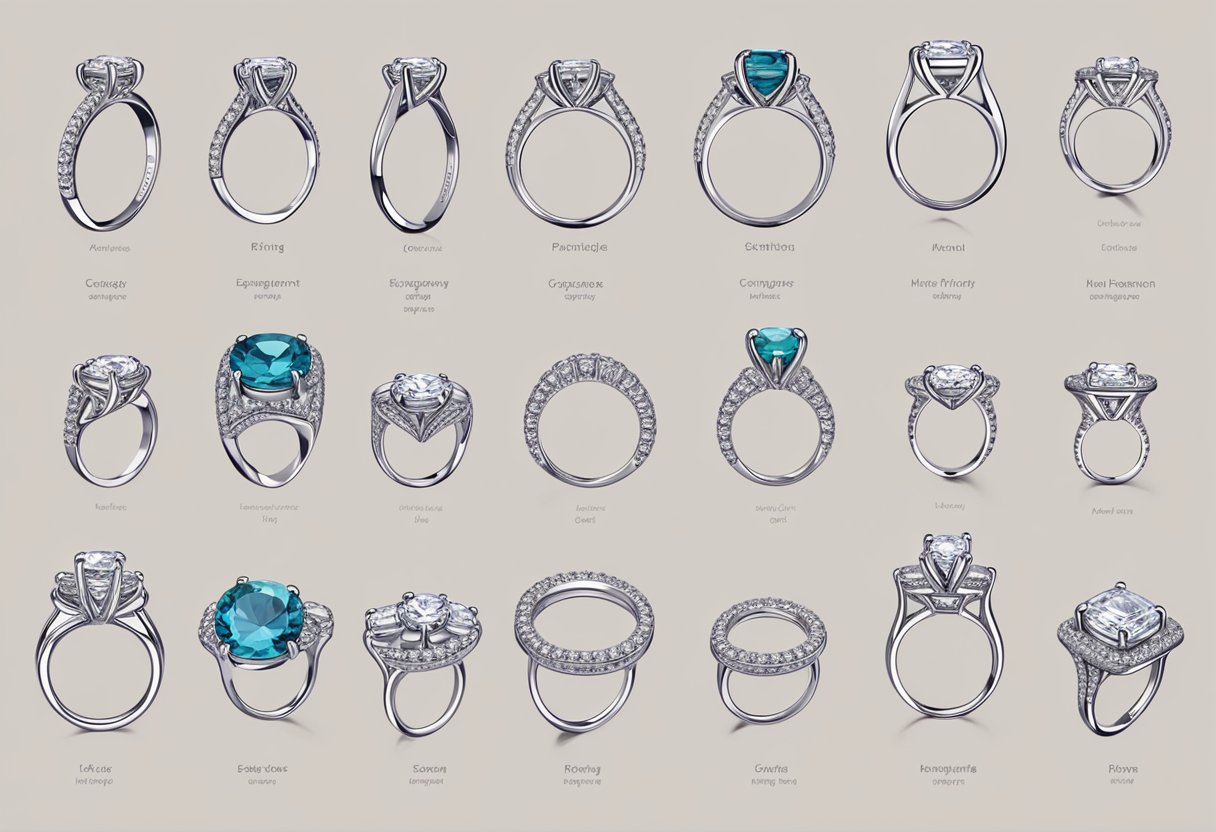 A display of various engagement ring styles with hand diagrams showing how each ring complements different hand shapes and sizes