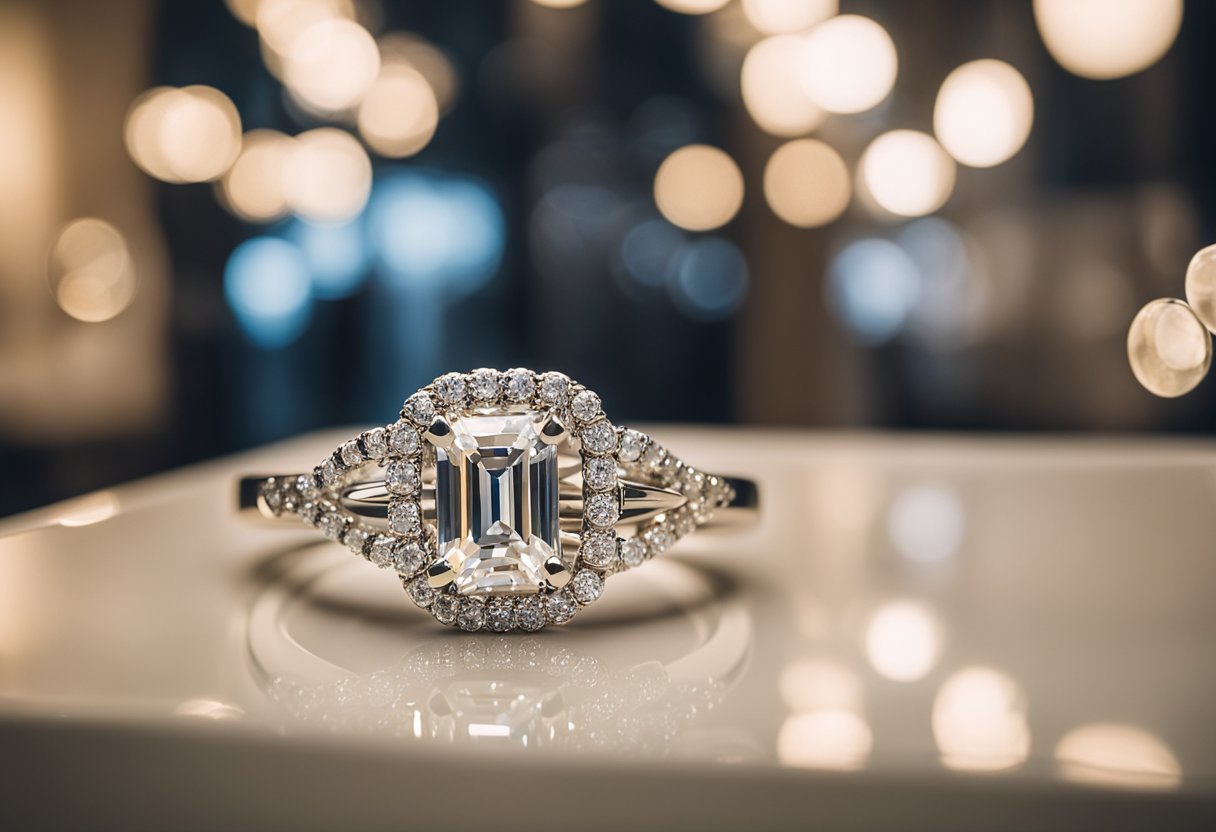A sparkling diamond engagement ring displayed in a luxurious store setting in Dallas, TX. Bright lights and elegant decor highlight the exquisite selection