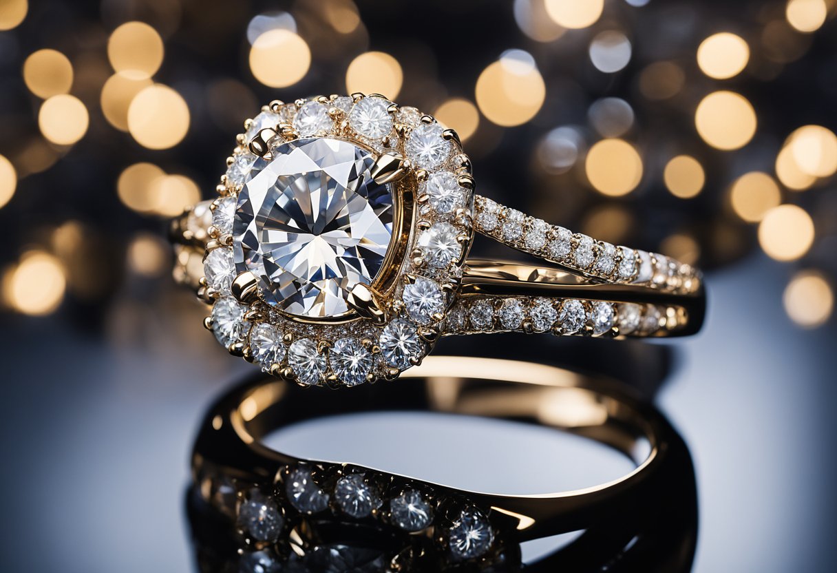 A sparkling engagement ring displayed in a luxurious jewelry store in Dallas, TX. Bright lights illuminate the exquisite detail and craftsmanship, showcasing the store's top-quality selection