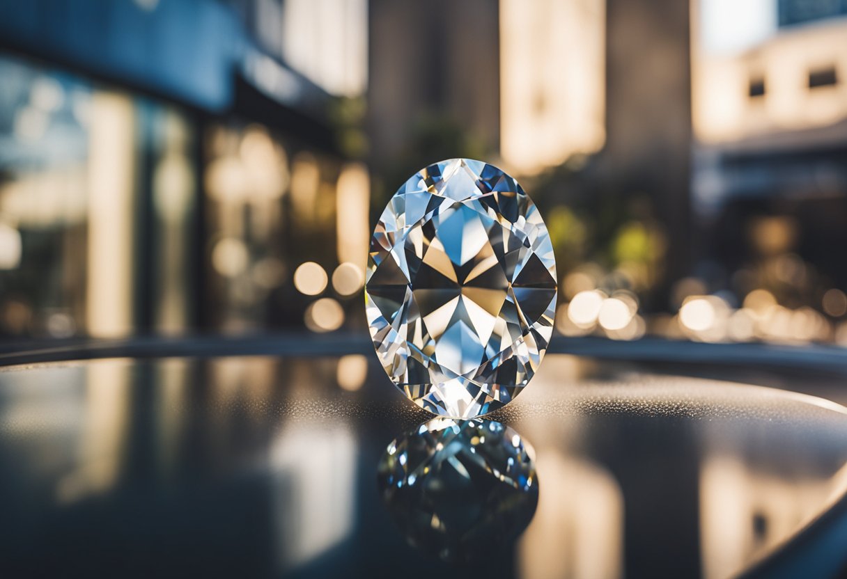 An oval diamond sparkles in a Dallas jewelry store window, catching the sunlight and casting a mesmerizing display of colorful reflections
