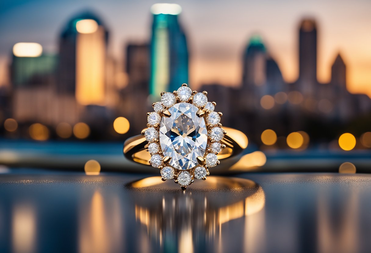 An oval diamond shines in the center of a custom ring, surrounded by various settings and styles. The Dallas skyline looms in the background, representing the city's love for versatile and customizable jewelry