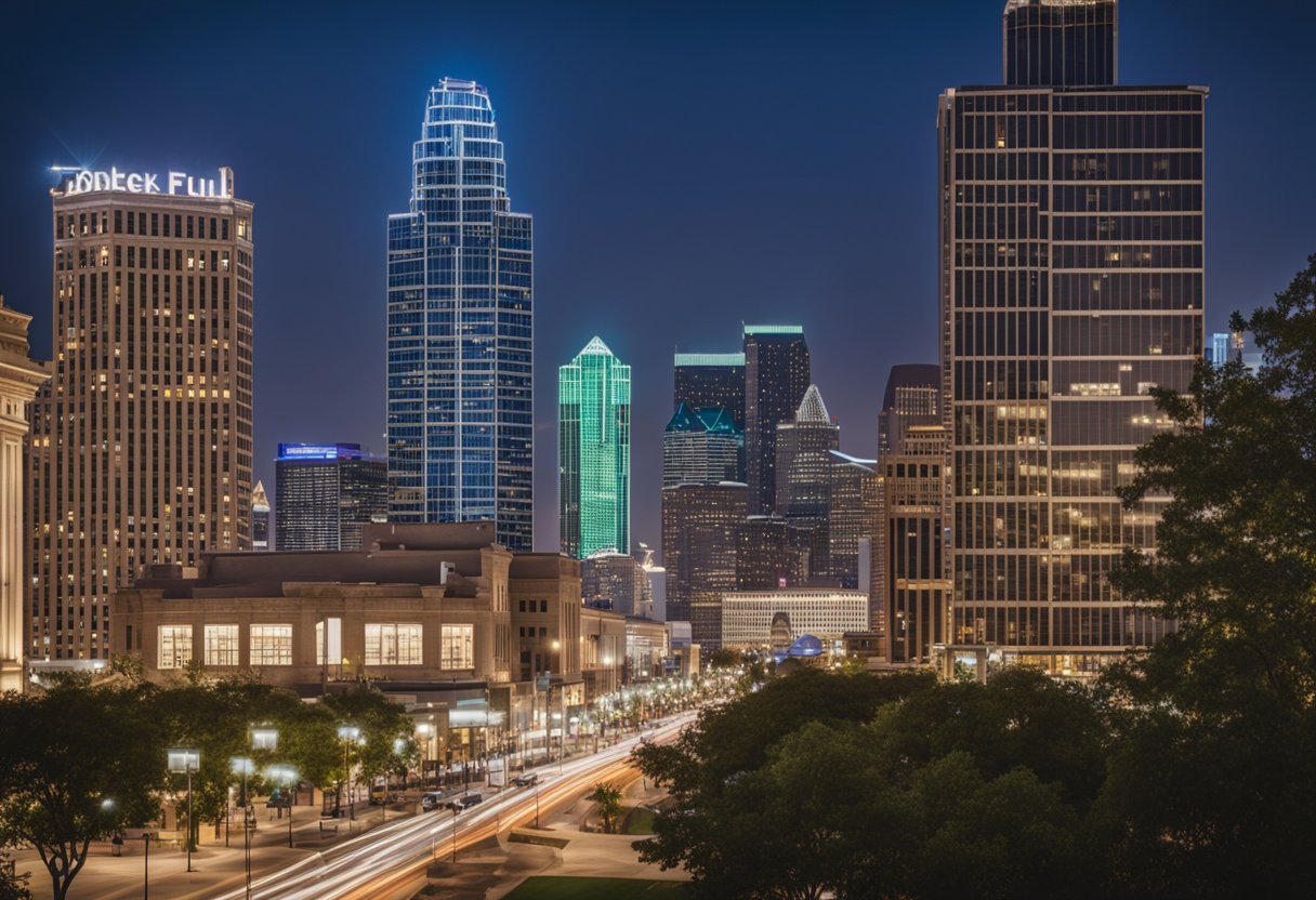 A bustling Dallas skyline with a prominent jewelry store showcasing dazzling oval diamonds. Shoppers admiring the elegant and timeless beauty of the stones