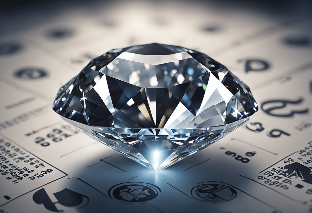 A sparkling diamond surrounded by financial symbols and charts, representing the enduring value and financial power of diamonds as an investment