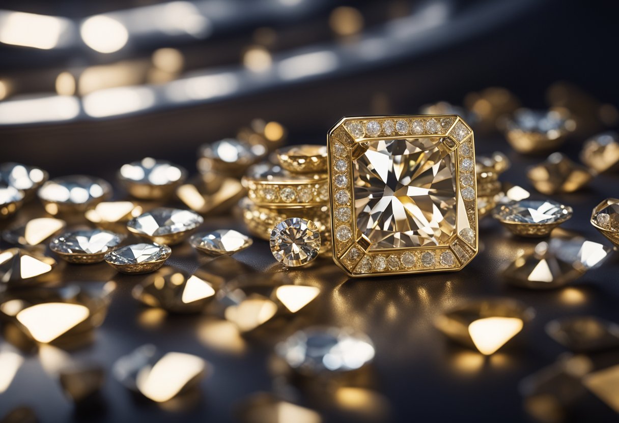 A sparkling diamond set against a backdrop of a vault filled with other precious gems and currency, symbolizing the financial power and rarity of diamonds