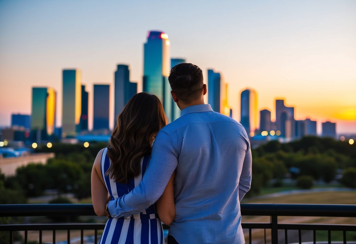 A couple overlooks the Dallas skyline at sunset, the man holding a custom engagement ring behind his back