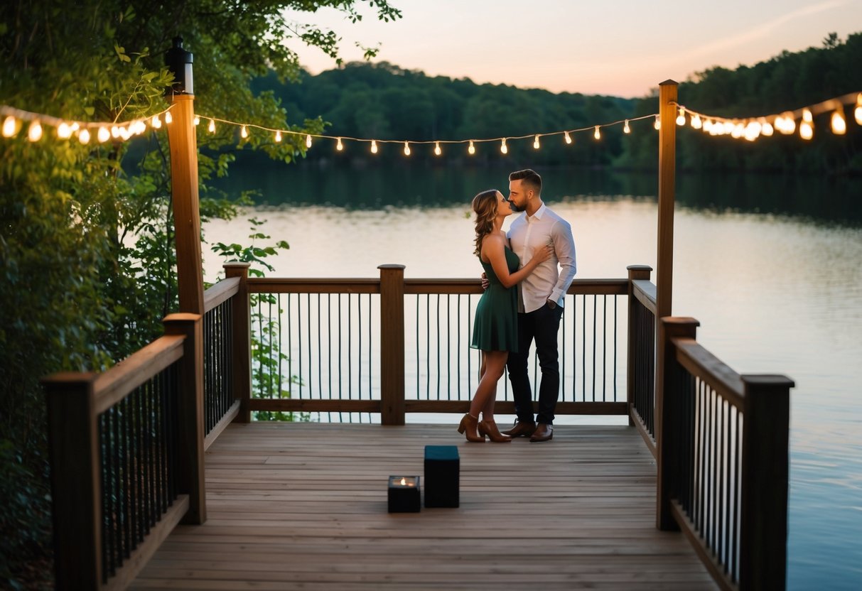 A couple stands on a secluded pier overlooking a serene lake at sunset, surrounded by lush greenery and twinkling string lights. A custom ring box sits on the wooden railing