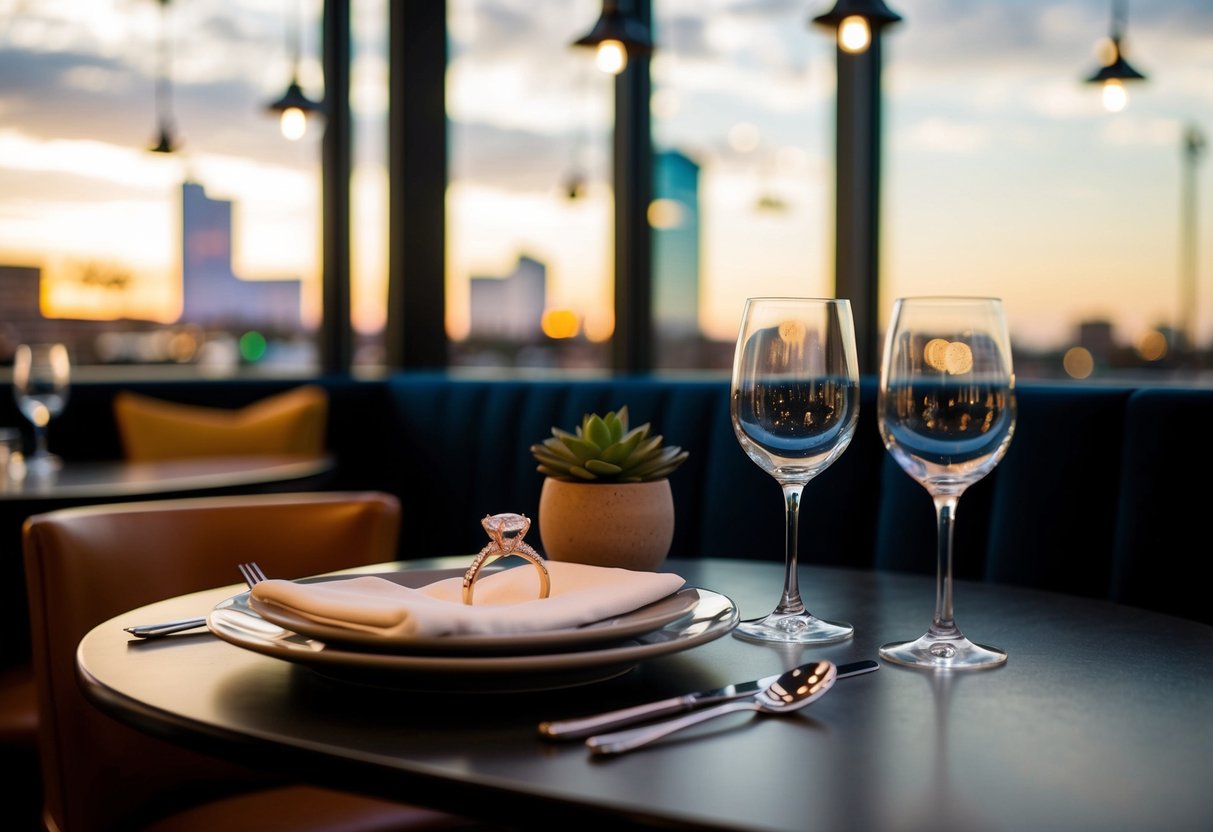 A cozy corner of a stylish Dallas restaurant with soft lighting and a table set for two, adorned with a custom engagement ring