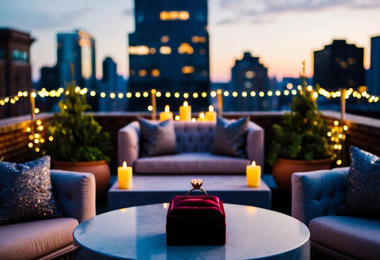 A candlelit rooftop garden with city views, adorned with fairy lights and plush seating, featuring a custom ring nestled in a velvet box