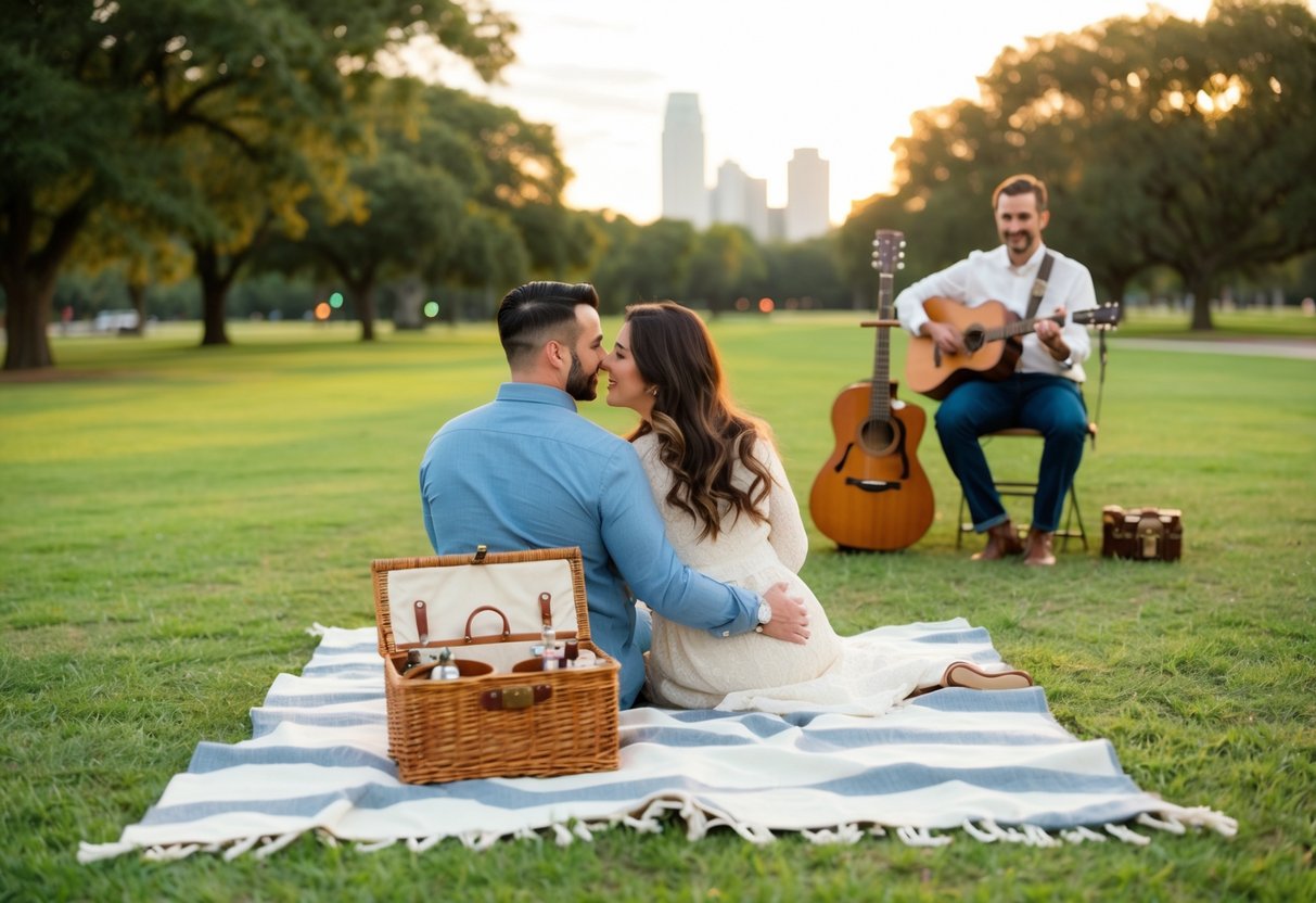 A couple sits on a blanket in a lush Dallas park, a custom ring nestled in a picnic basket. A musician plays nearby as the sun sets, casting a warm glow over the scene