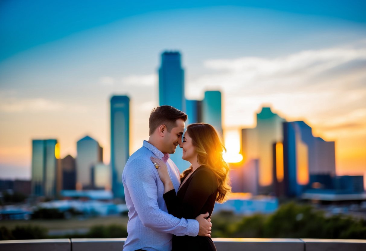 A couple embraces in front of the Dallas skyline at sunset, with a custom engagement ring on display