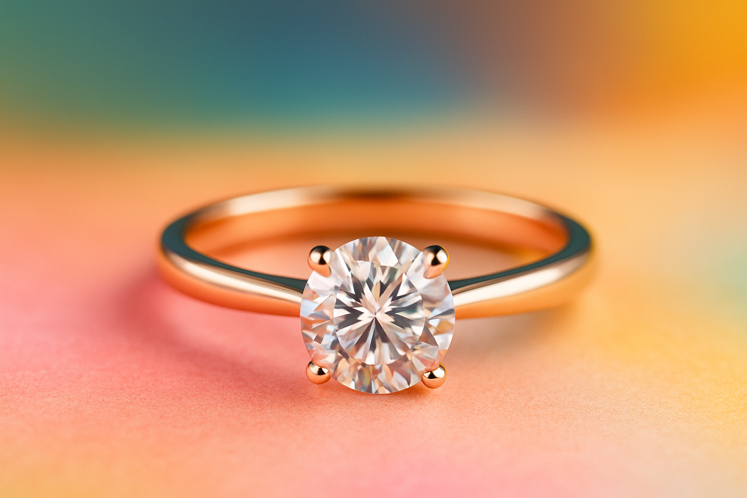 Solitaire lab grown diamond engagement ring displayed on soft neutral fabric in a Dallas jewelry showroom